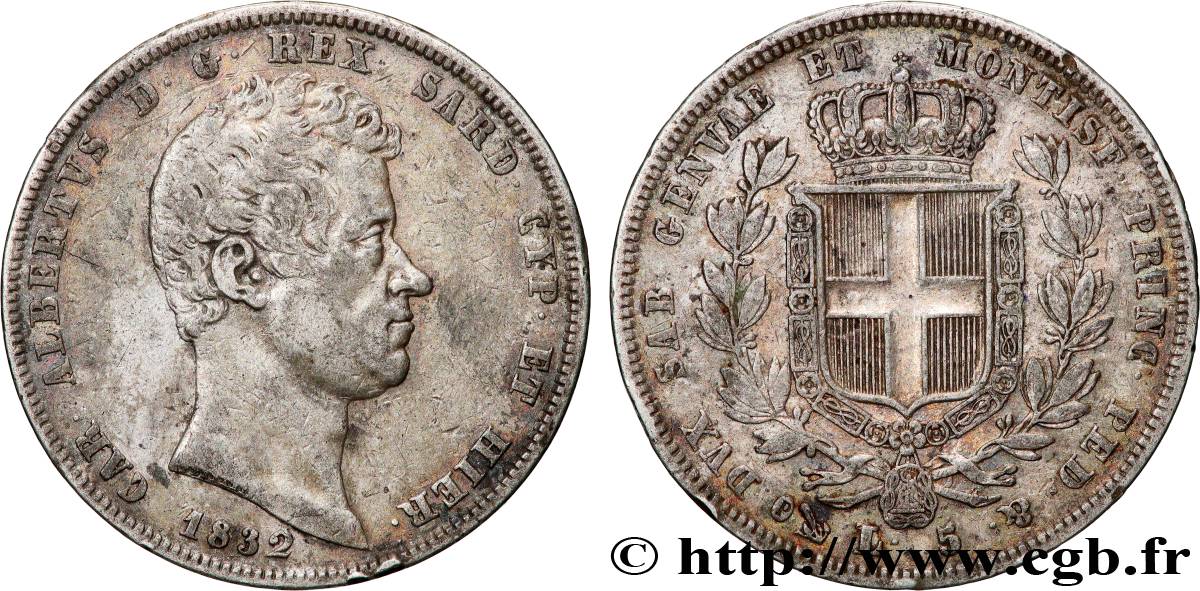 ITALY - KINGDOM OF SARDINIA 5 Lire Charles Albert 1832 Gênes VF 