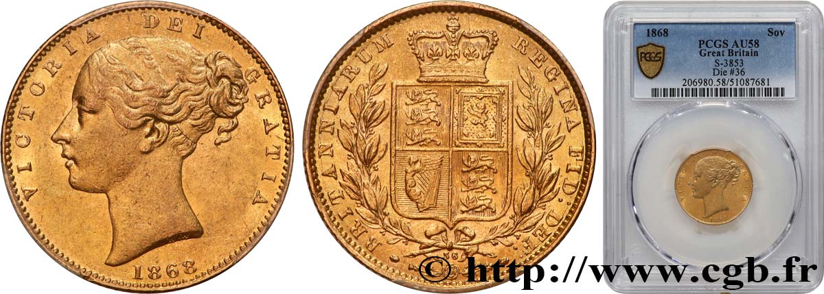 UNITED KINGDOM 1 Souverain Victoria (coin n°36) 1868 Londres AU58 PCGS