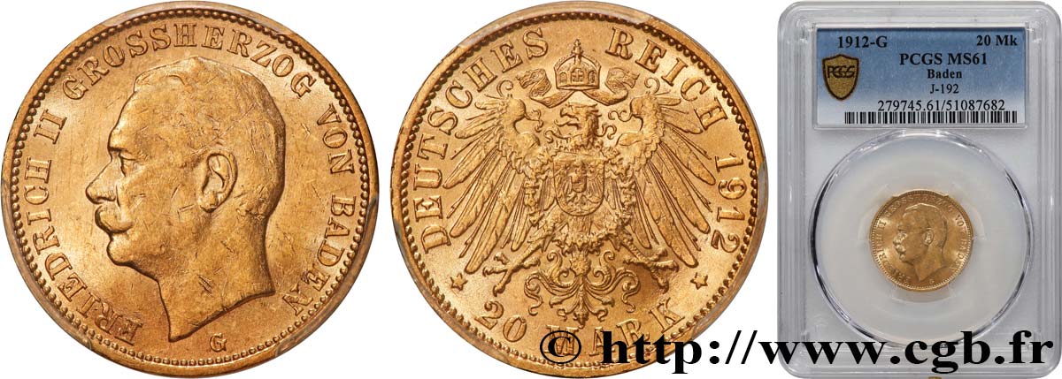 GERMANY - BADEN 20 Mark Frédéric II de Bade 1912 Karlsruhe MS61 PCGS