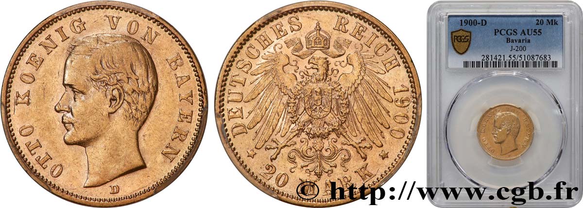 GERMANY - KINGDOM OF BAVARIA - OTTO 20 Mark  1900 Munich AU55 PCGS