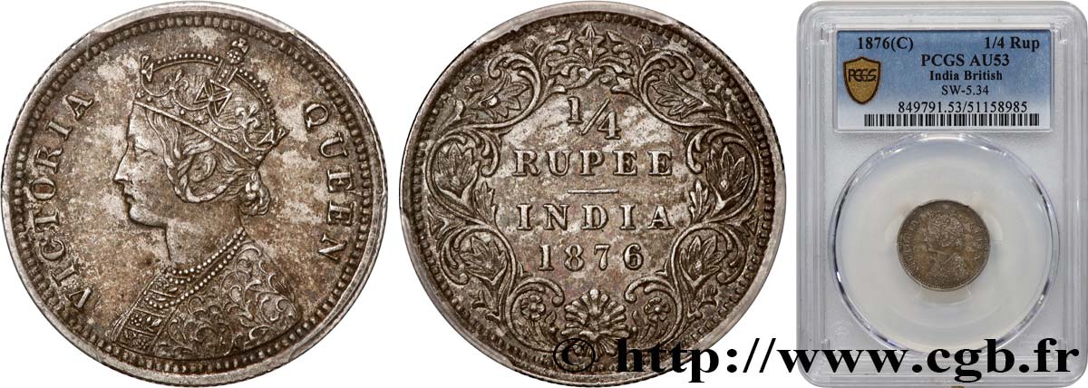 BRITISH INDIA 1/4 Rupee (Roupie) Victoria 1876 Calcutta AU53 PCGS