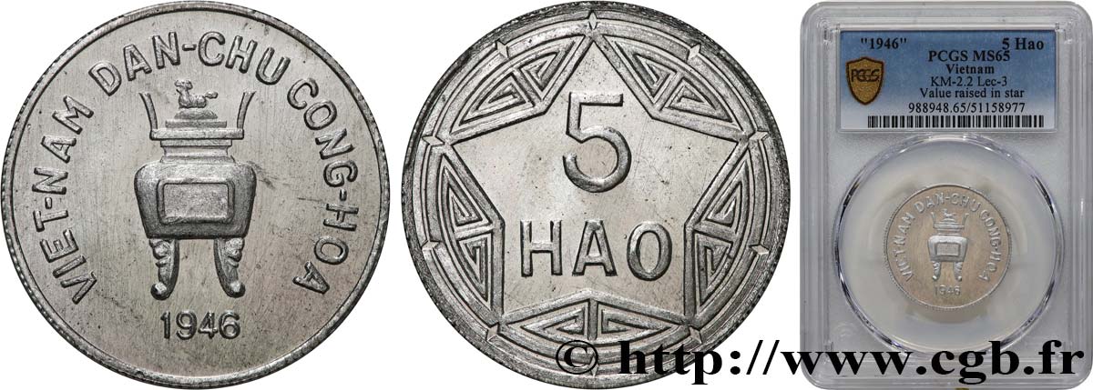 VIETNAM 5 Hao, variété à valeur en relief - Flanc Bruni 1946  MS65 PCGS