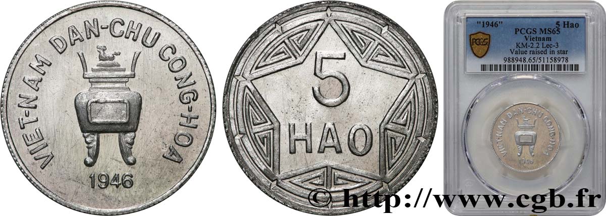 VIET NAM 5 Hao, variété à valeur en relief - Flanc Bruni 1946  MS65 PCGS