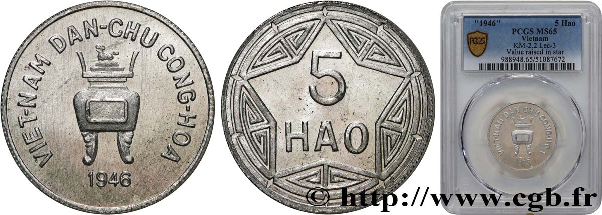 VIETNAM 5 Hao, variété à valeur en relief - Flanc Bruni 1946  MS65 PCGS