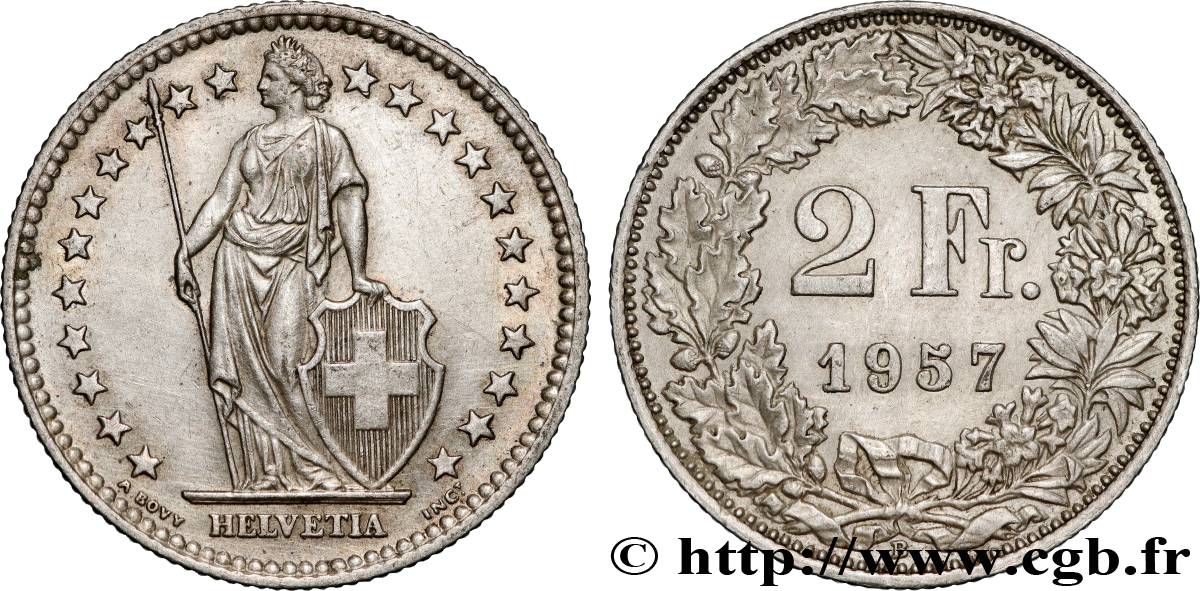 SUISSE 2 Francs Helvetia 1957 Berne SUP 