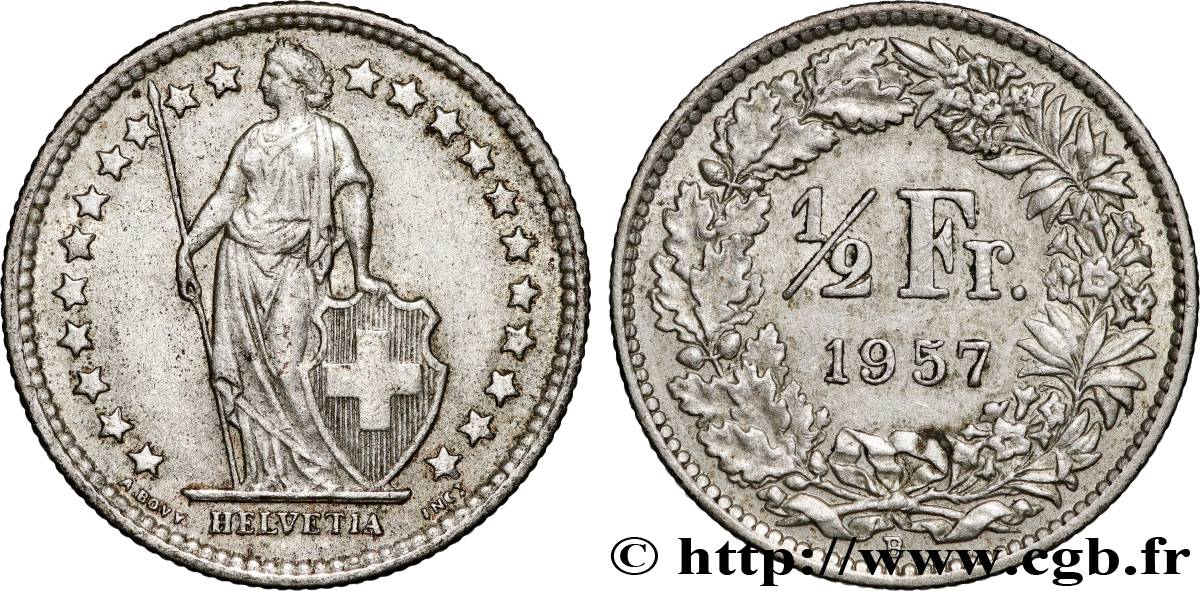 SUISSE 1/2 Franc Helvetia 1957 Berne TTB+ 