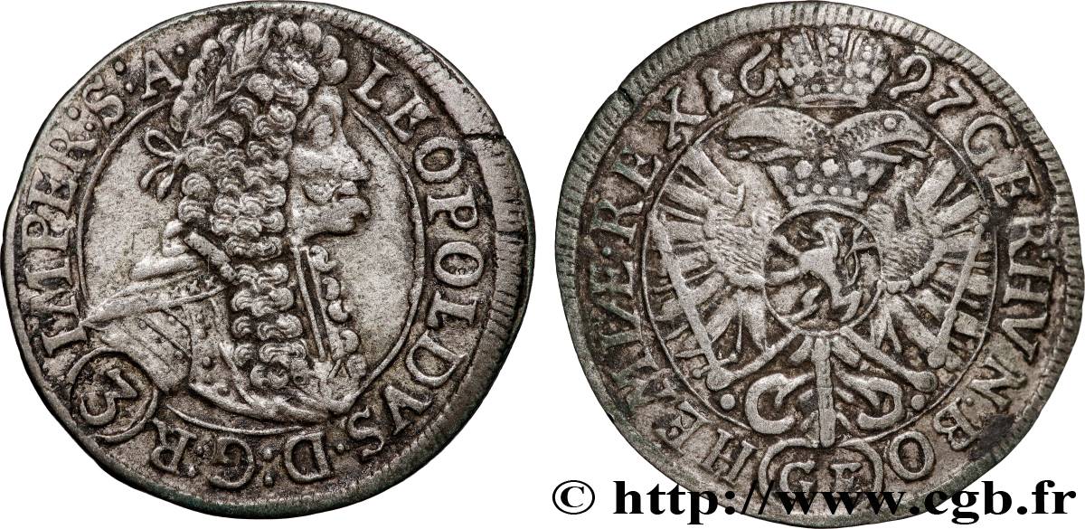 AUTRICHE - BOHÊME - LÉOPOLD Ier 3 Kreuzer 1697 Prague TTB 