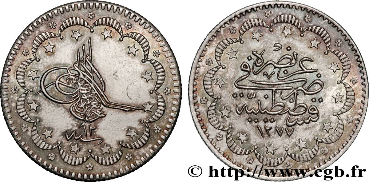 TURKEY 5 Kurush au nom de Abdulaziz an AH1277 an 12 1871 Constantinople AU 