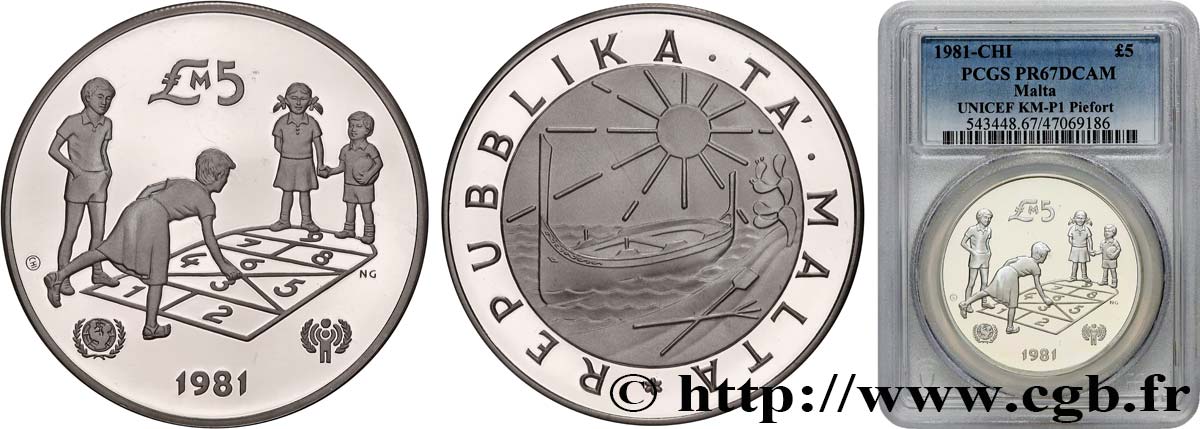 MALTA Piefort 5 Livres Proof Année Internationale de l’enfant 1981  MS67 PCGS