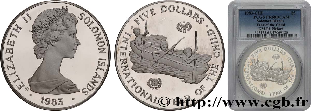 SOLOMON ISLANDS Piefort 5 Dollars Proof Année de l’Enfance 1983  MS68 PCGS