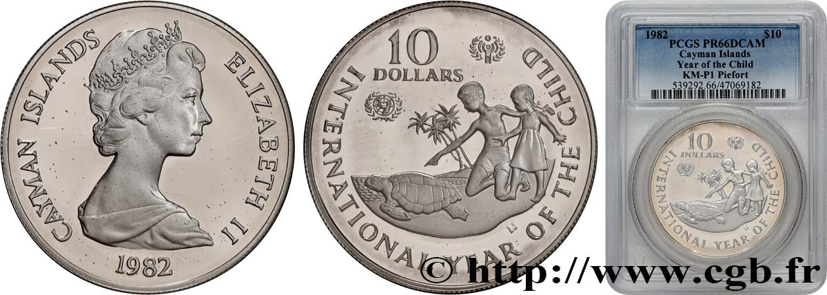 CAYMANS ISLANDS Piefort 10 Dollar Proof Année Internationale de l’Enfance 1982  MS66 PCGS