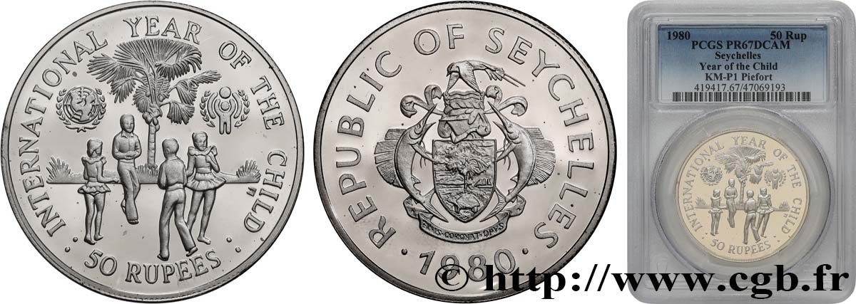 SEYCHELLES Piefort 50 Rupees Proof Année Internationale de l’Enfance 1980  MS67 PCGS