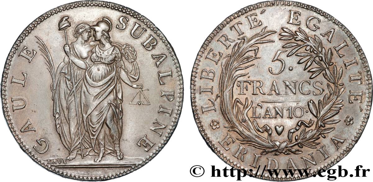 ITALY - SUBALPINE GAUL 5 Francs an 10 1802 Turin MS 