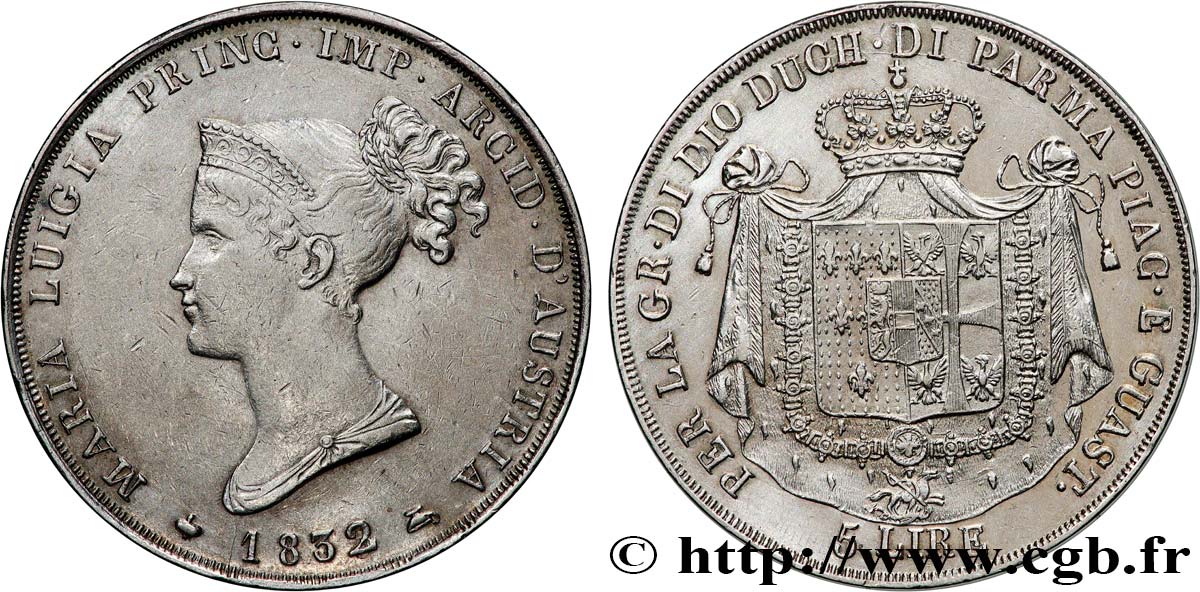 ITALIEN - HERZOGTUM PARMA PIACENZA UND GUASTALLA - MARIE-LOUISE VON ÖSTERREICH 5 Lire 1832 Milan SS/fVZ 