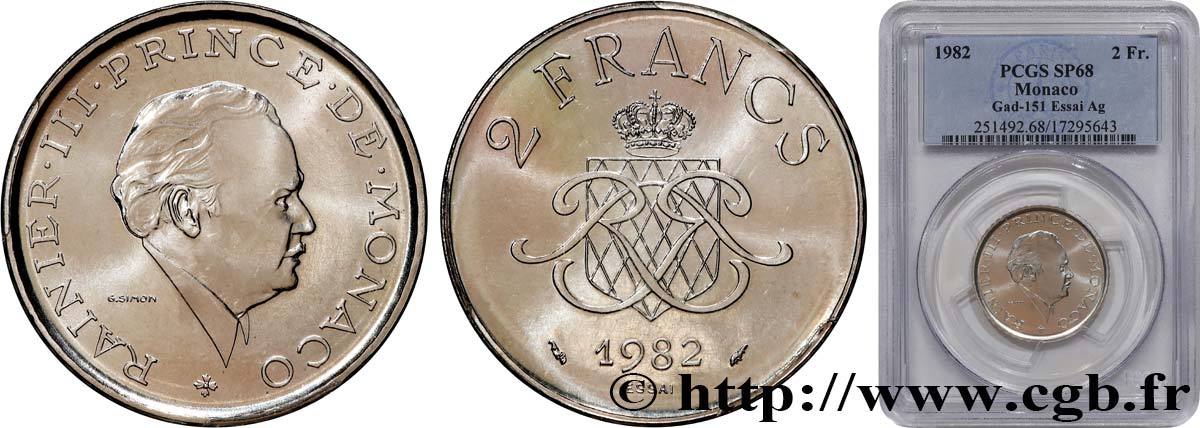 MONACO - PRINCIPAUTÉ DE MONACO - RAINIER III Essai 2 Francs en argent  1982 Paris FDC68 PCGS