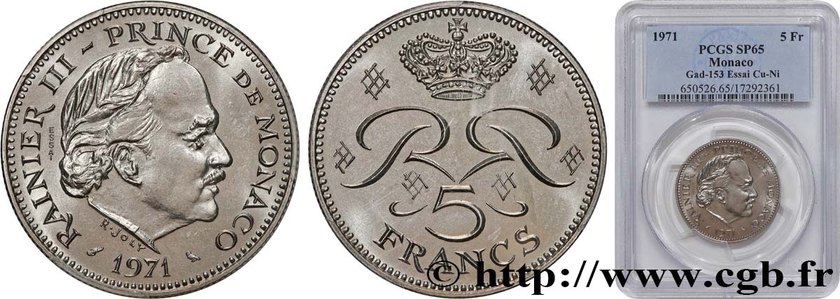 MONACO - PRINCIPALITY OF MONACO - RAINIER III Essai de 5 Francs  1971 Paris MS65 PCGS