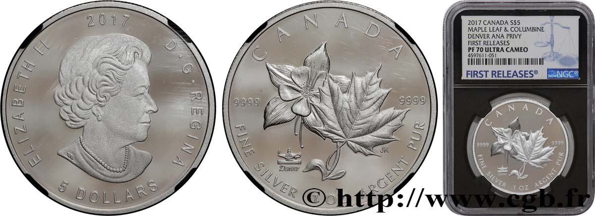 CANADA 5 Dollars Proof Salon Mondial de l’Argent de l’ANA 2017  MS70 NGC