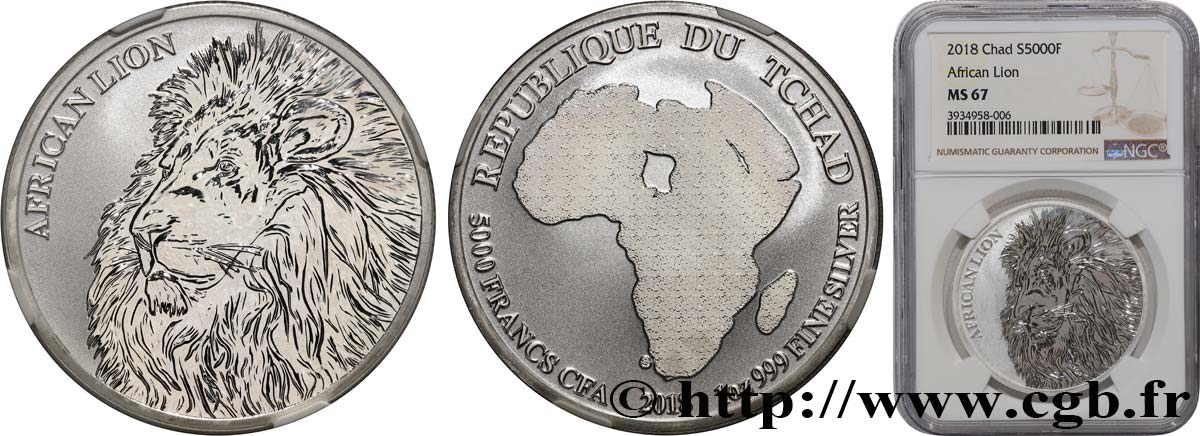 TCHAD 5000 Francs CFA, Lion Africain 2018 Paris FDC67 NGC