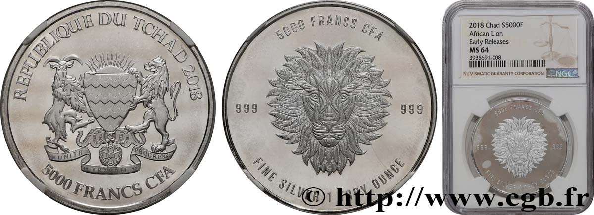 TSCHAD 5000 Francs CFA, Lion Africain Mandala 2018 Paris fST64 NGC