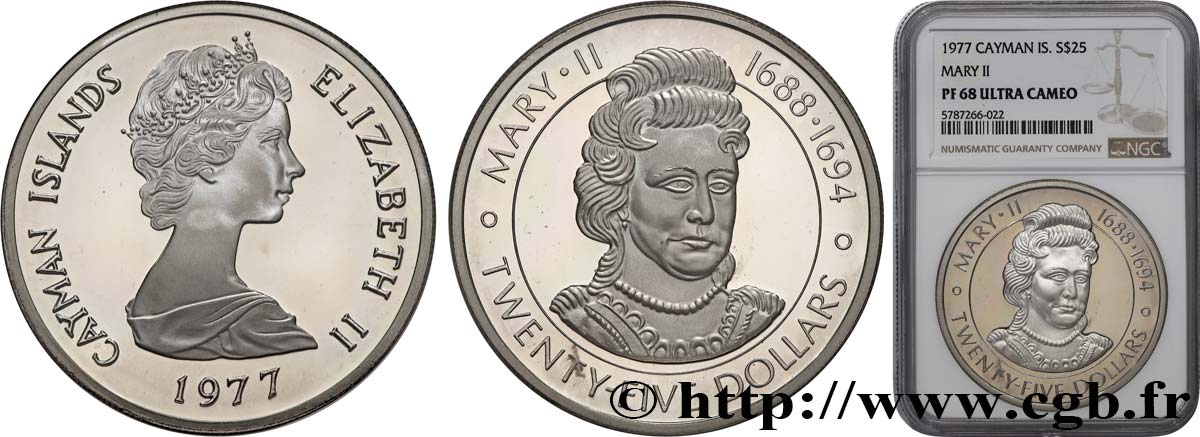 ÎLES CAIMANS 25 Dollars Proof Mary II 1977 Ottawa FDC68 NGC
