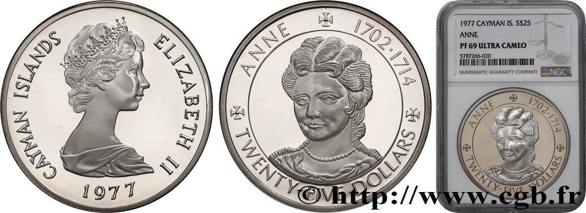 KAIMANINSELN 25 Dollars Proof Anne 1977 Ottawa ST69 NGC