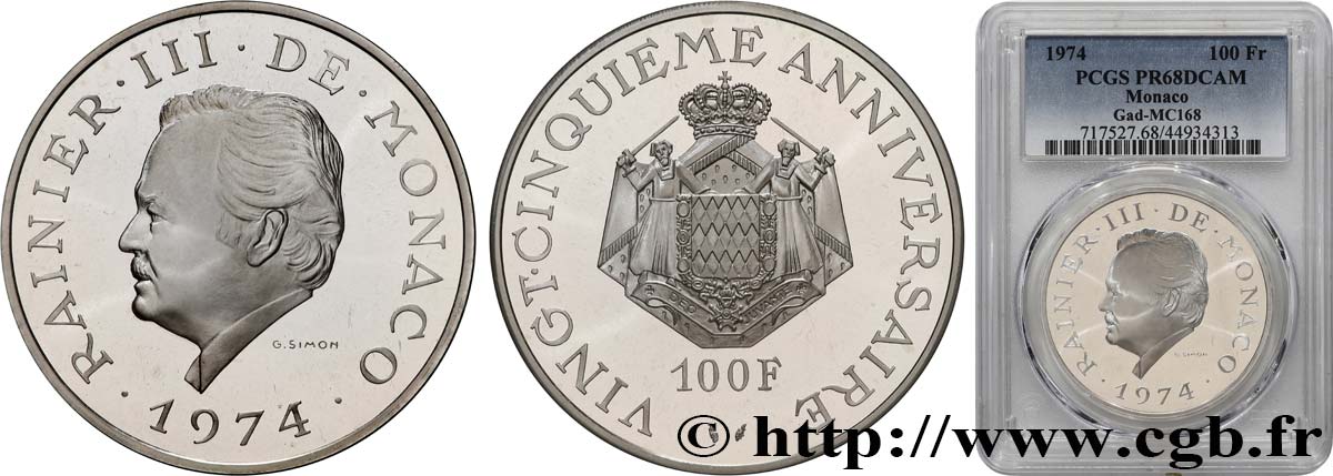 MONACO 100 Francs Proof Rainier III 1974 Paris MS68 PCGS