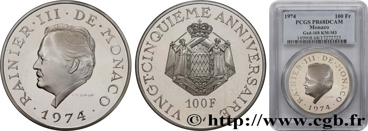 MONACO 100 Francs Proof Rainier III 1974 Paris FDC68 PCGS