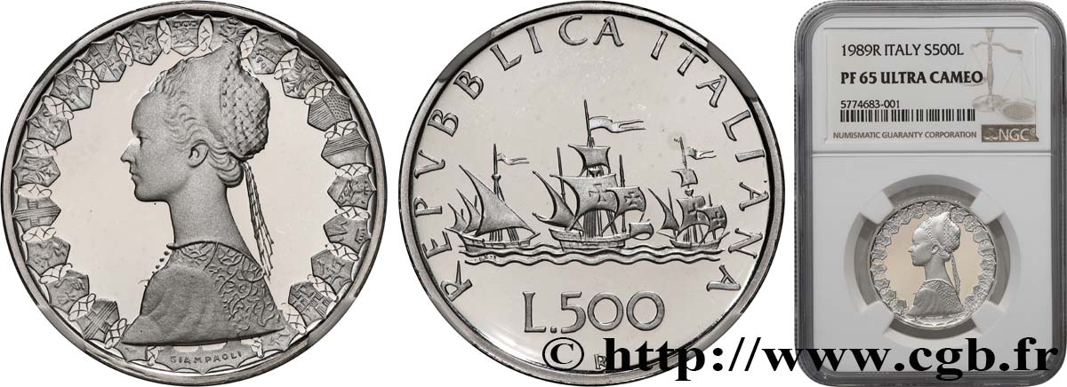 ITALIE 500 Lire “caravelles” Proof 1989 Rome FDC65 NGC