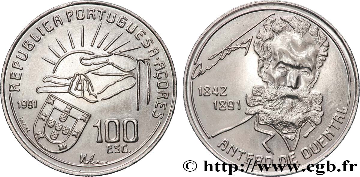 AÇORES 100 Escudos 100e anniversaire de la mort du poète Antero de Quental 1991  SUP 