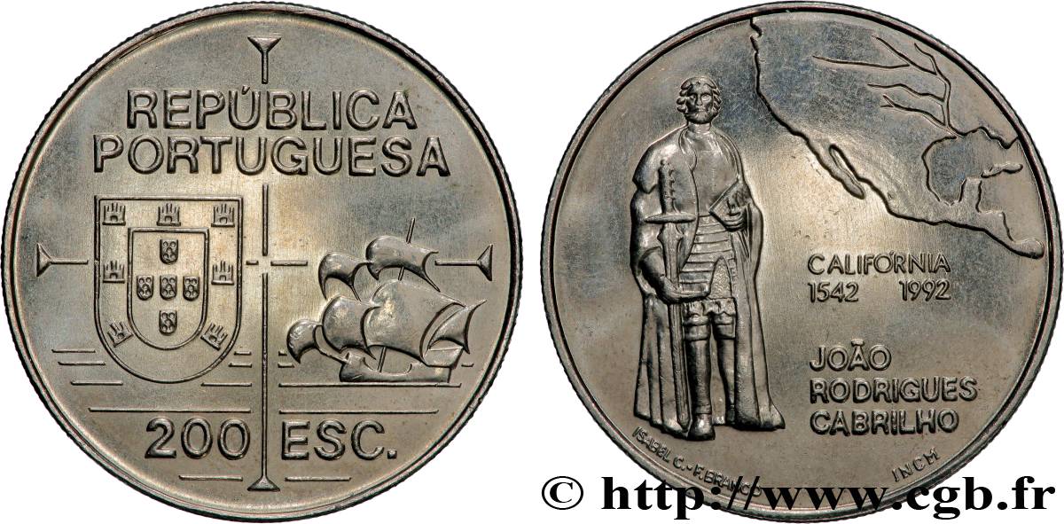 PORTUGAL 200 Escudos João Rodrigues Cabrilho, carte de l’Amérique du Nord 1992 Lisbonne SPL 