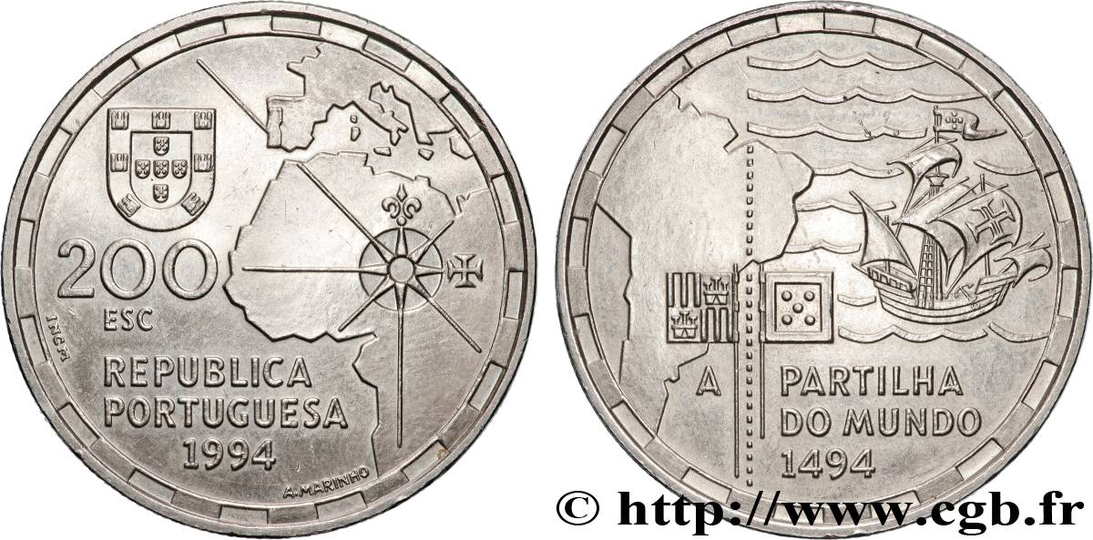 PORTUGAL 200 Escudos la partition du Monde en 1494 1994 Lisbonne MS 