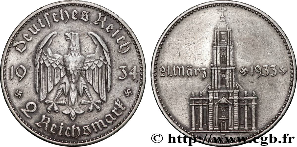 ALLEMAGNE 2 Reichsmark Commémoration du serment du 21 mars 1933 en l’église de la garnison de Potsdam 1934 Stuttgart TTB 