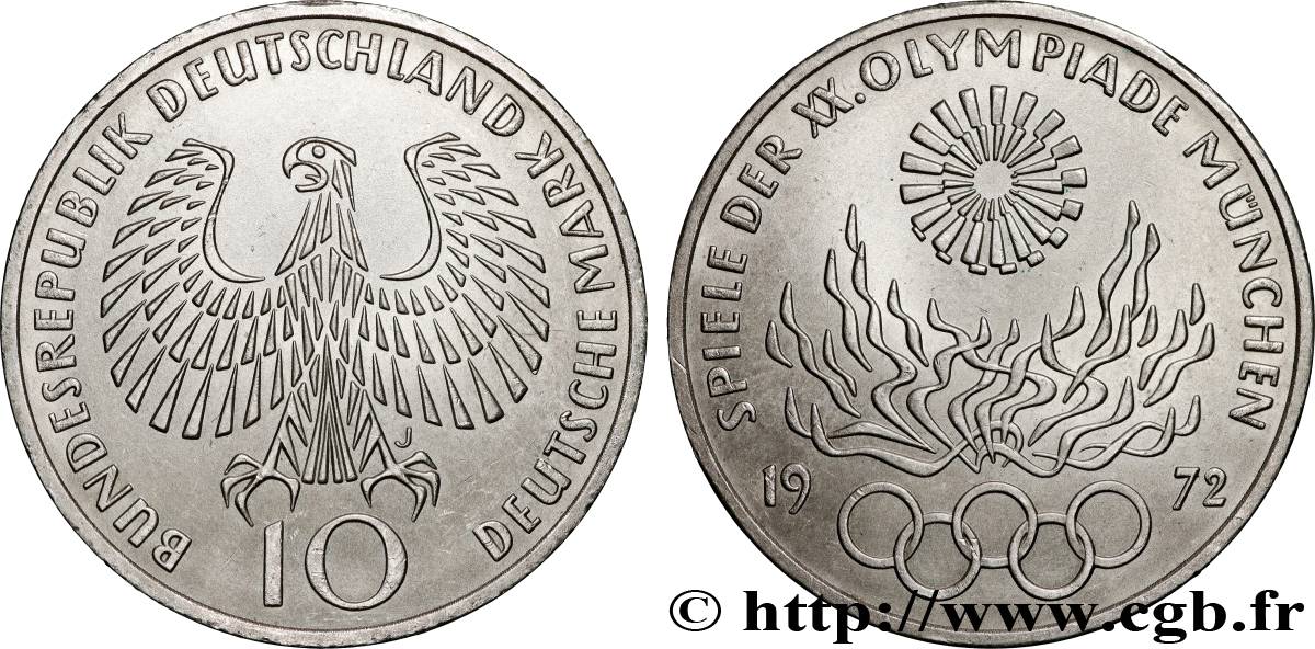 ALLEMAGNE 10 Mark XXe J.O. Munich - Flamme olympique 1972 Hambourg SUP 