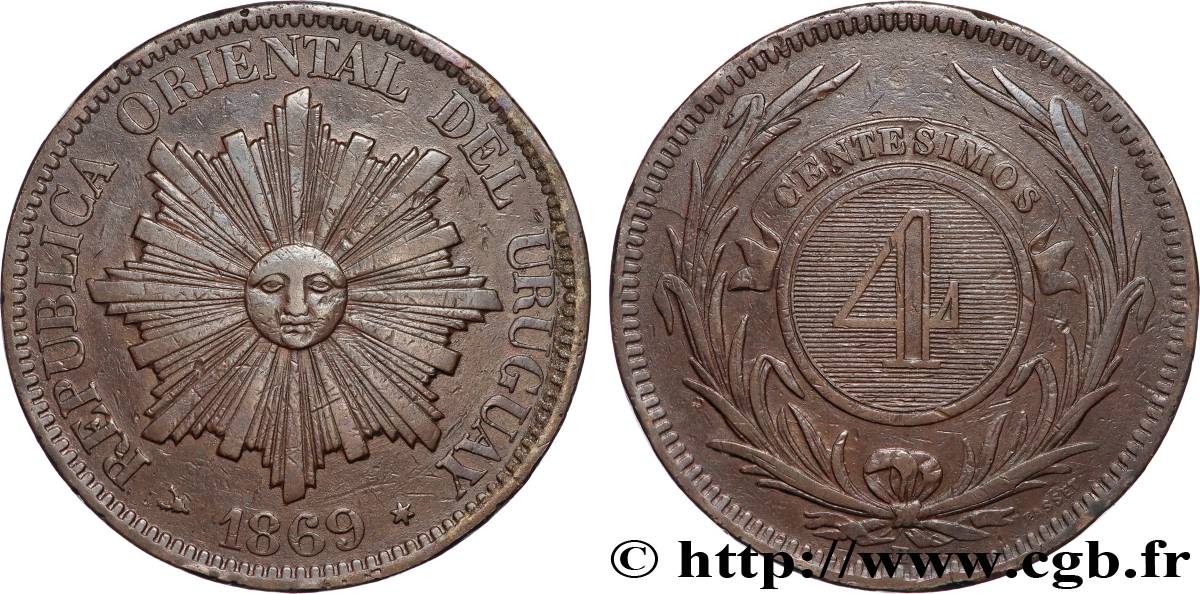 URUGUAY 4 Centesimos soleil 1869 Heaton SS 