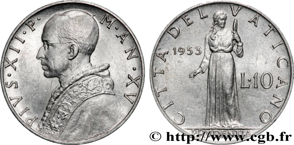 VATICAN AND PAPAL STATES 10 Lire Pie XII an XV 1953 Rome AU 