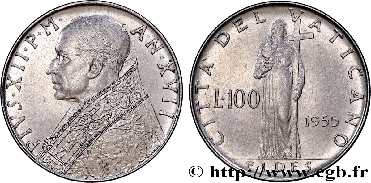 VATICANO E STATO PONTIFICIO 100 Lire Pie XII an XVII 1955 Rome q.SPL 