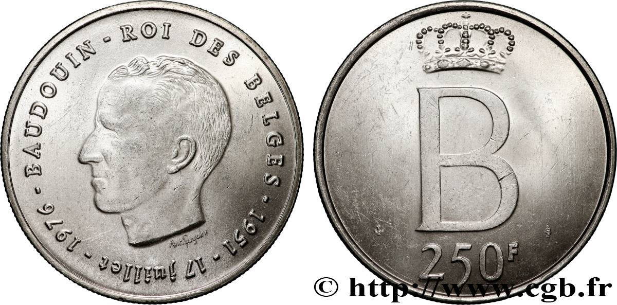BELGIQUE 250 Francs jubilé d’argent du roi Baudouin légende française 1976 Bruxelles SUP+ 