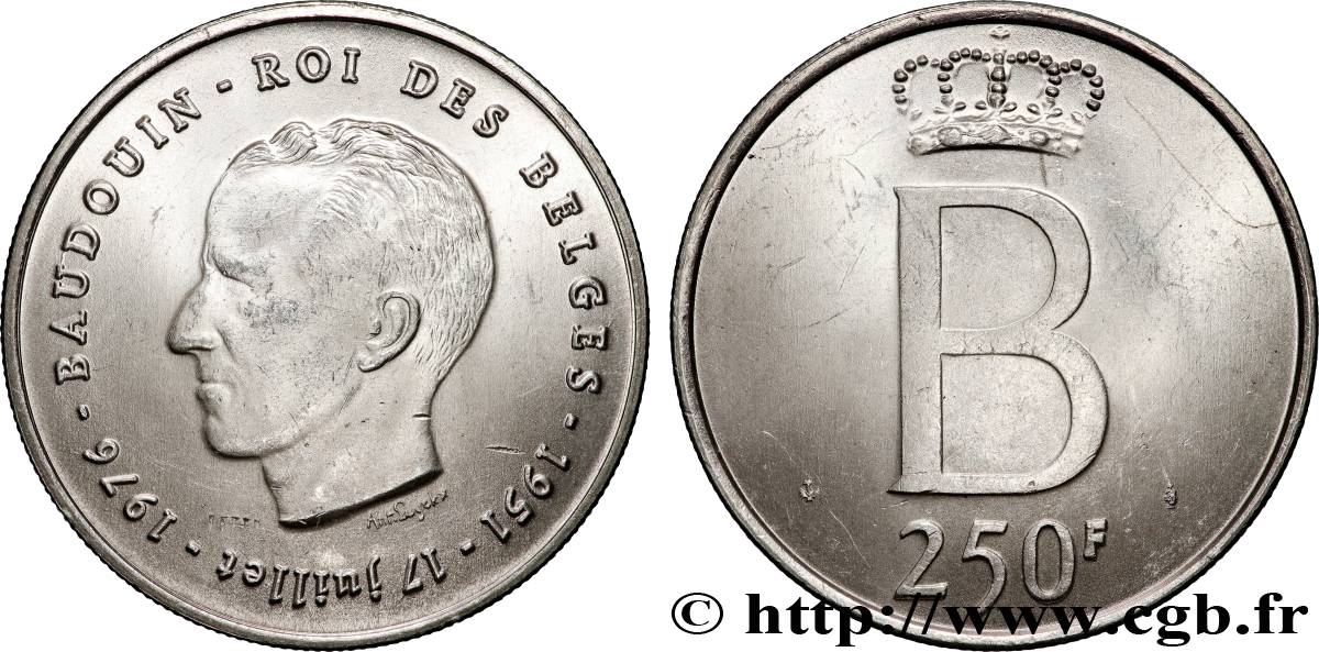 BELGIQUE 250 Francs jubilé d’argent du roi Baudouin légende française 1976 Bruxelles SUP+ 