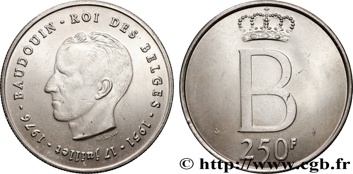 BELGIUM 250 Francs jubilé d’argent du roi Baudouin légende française 1976 Bruxelles MS 