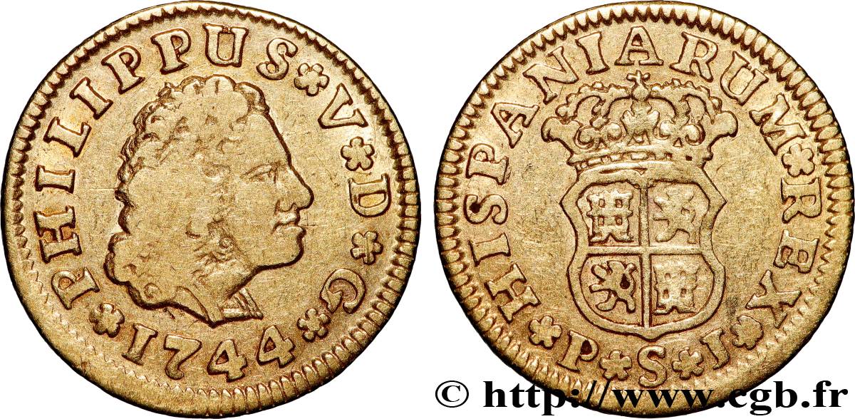 ESPAGNE - ROYAUME D ESPAGNE - PHILIPPE V DE BOURBON 1/2 Escudo  1744 Séville TTB 