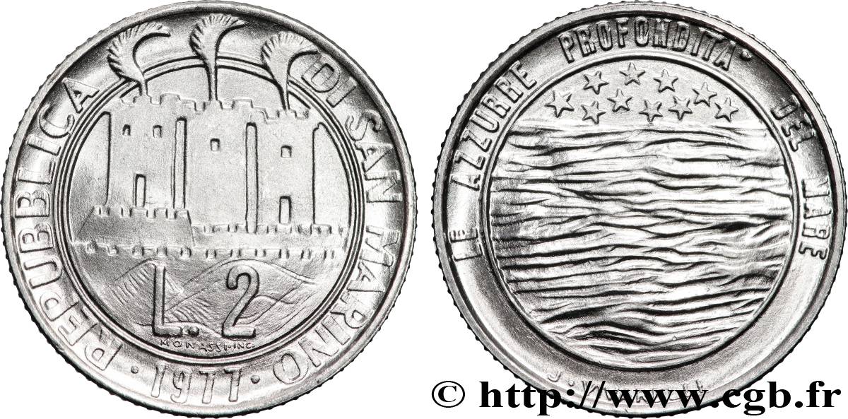 SAN MARINO 2 Lire 3 tours / écologie : la mer 1977 Rome - R MS 