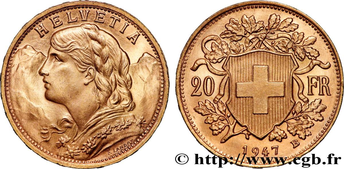 GOLD, PALLADIUM & PLATINUM INVESTMENT 20 Francs or  Vreneli  1947 Berne MS 