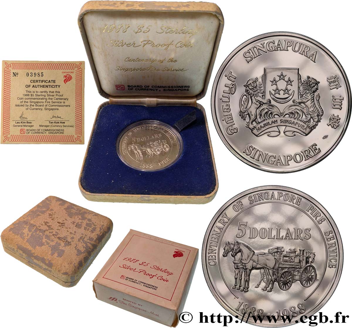 SINGAPORE 5 Dollars Proof Centenaire du service d’incendie 1988  MS 