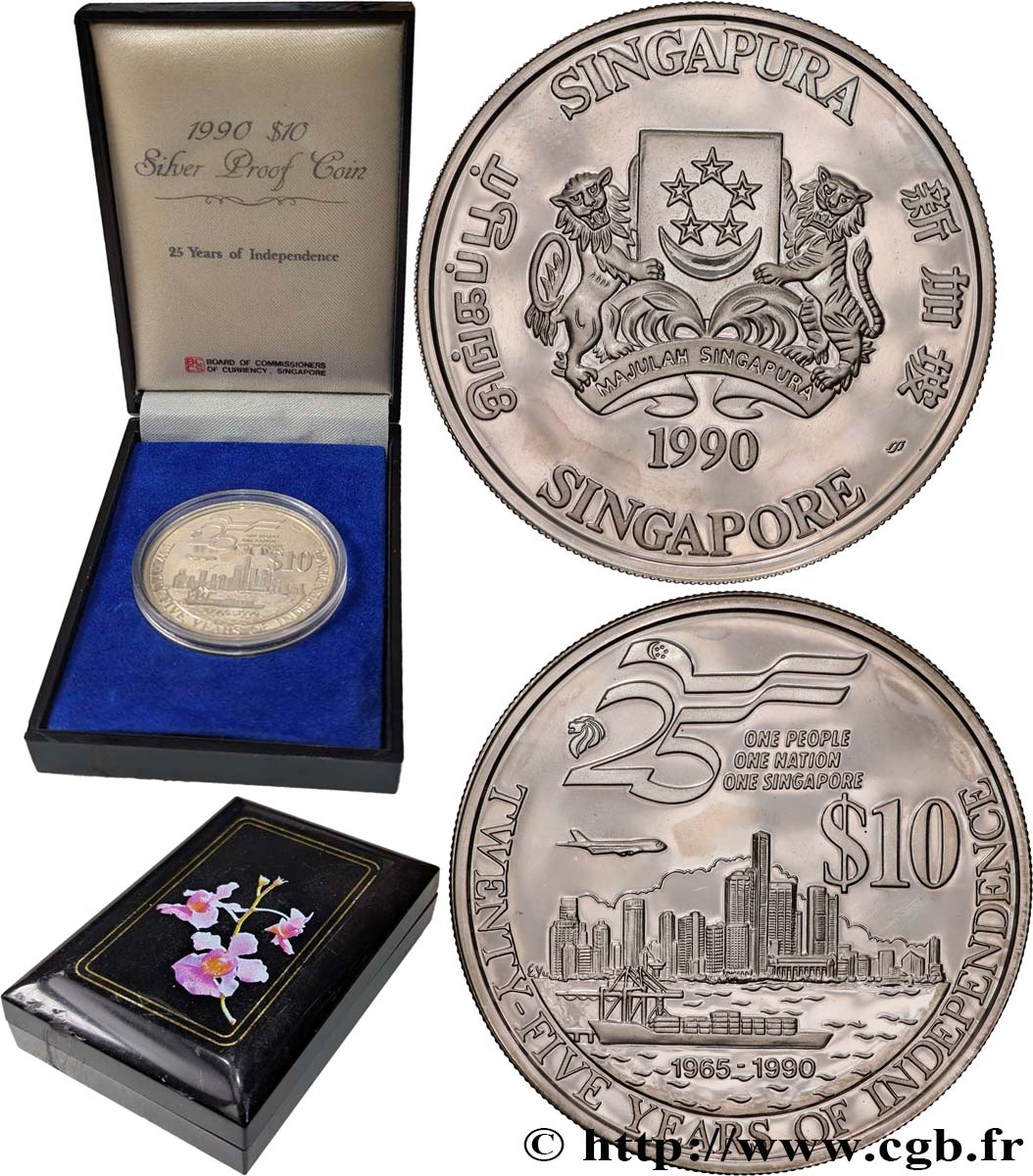 SINGAPOUR 10 Dollars Proof 25e Anniversaire de l’Indépendance 1990  SPL 
