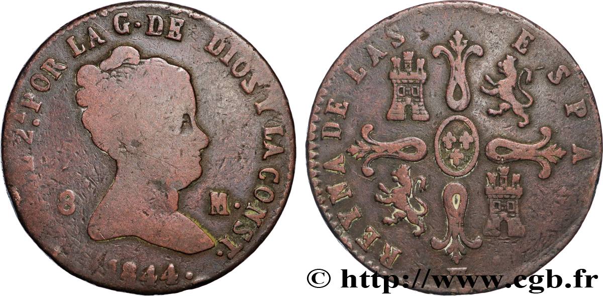 ESPAGNE 8 Maravedis Isabelle II 1844 Ségovie TB 
