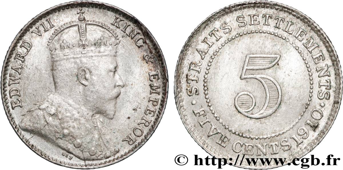 MALAISIE - ÉTABLISSEMENTS DES DÉTROITS 5 Cents Straits Settlements Edouard VII 1910 Bombay TTB+ 