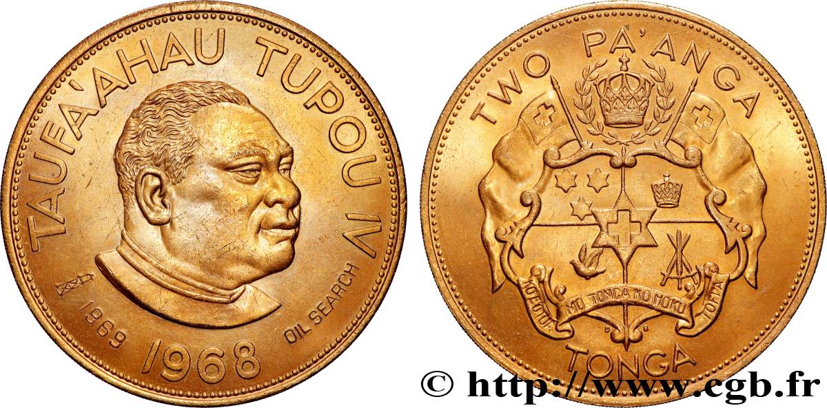 TONGA 2 Pa’anga Taufa ahau Toupou IV, avec contremarque 1968  AU 