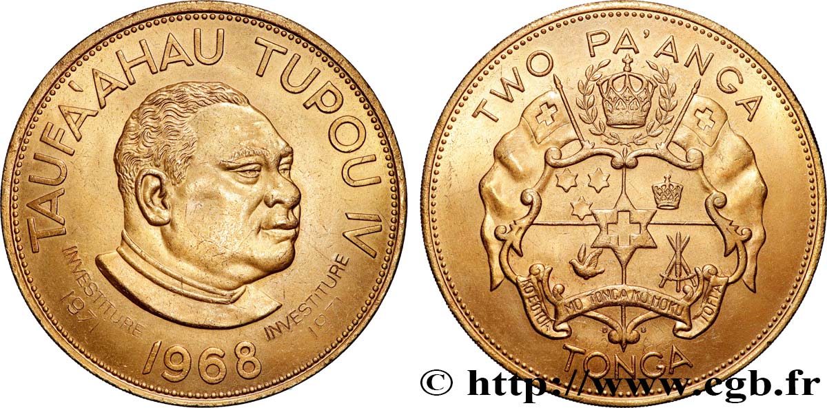 TONGA 2 Pa’anga Taufa ahau Toupou IV, avec contremarque 1968  VZ 