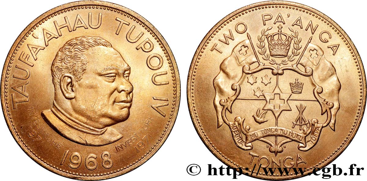 TONGA 2 Pa’anga Taufa ahau Toupou IV, avec contremarque 1968  AU 