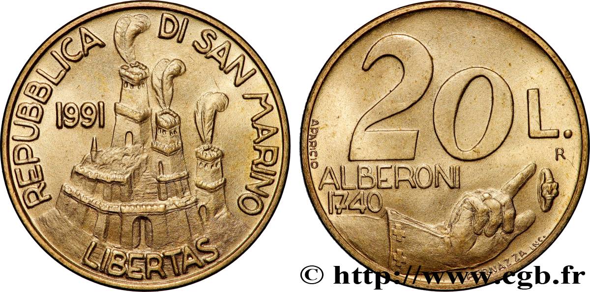 SAN MARINO 20 Lire vue des 3 chateaux / occupation par le Cardinal Alberoni 1991 Rome MS 